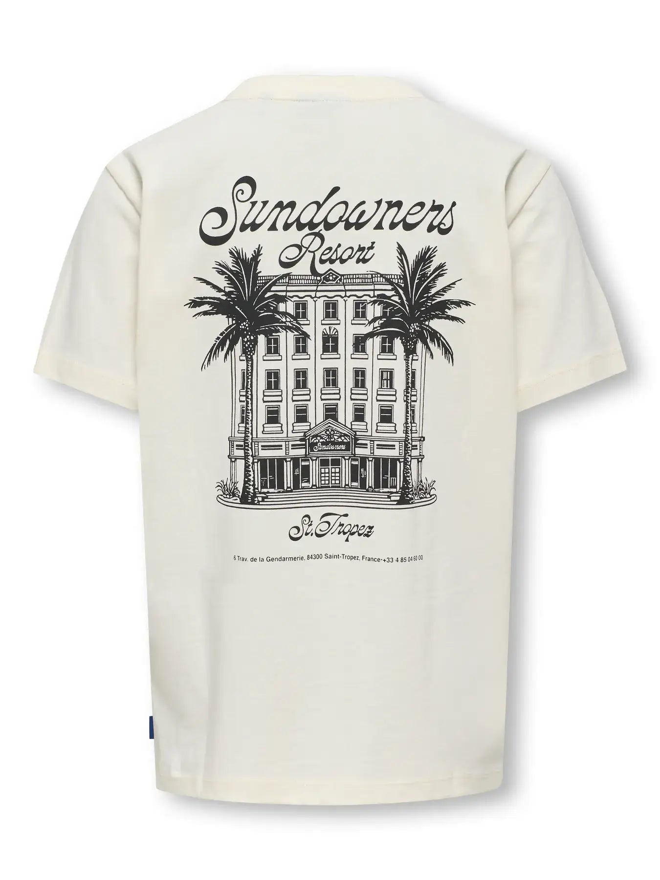 Kids Only & Sons off white shirt featuring Sundowners Resort graphic print with palm trees.