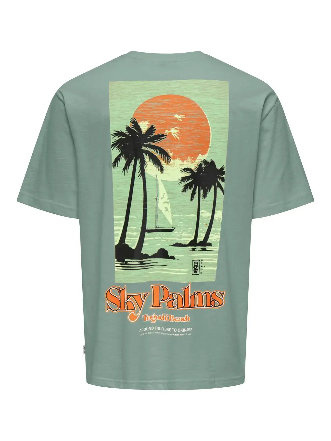 Kids Only & Sons LUIS PALM green shirt featuring a vibrant tropical print with palms and a sunset.