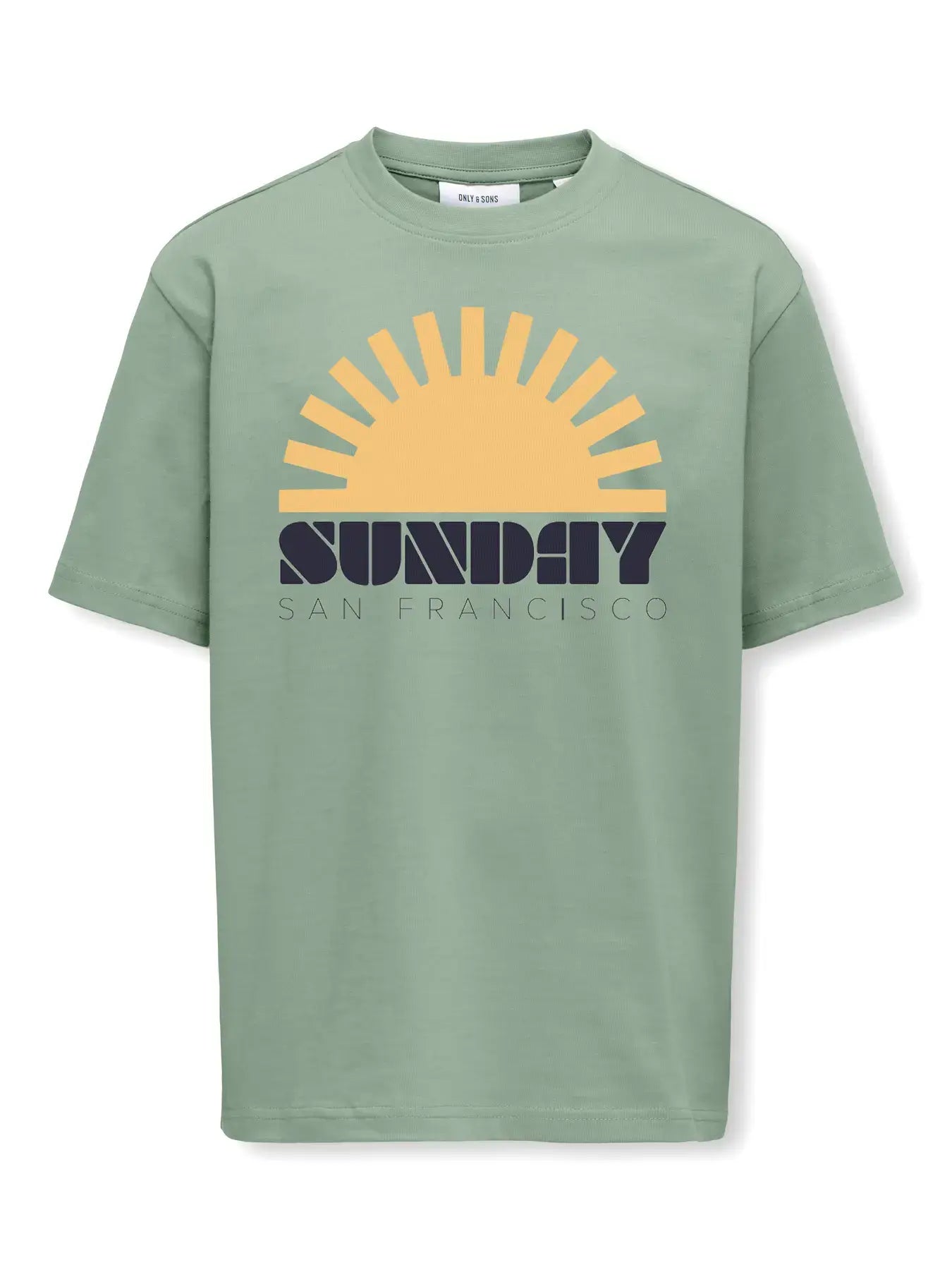 Kids shirt in iceberg green featuring sun graphic with 'SUNDAY SAN FRANCISCO' text.