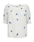 Freequent T-Shirt STREAM in white with blue floral design, featuring a relaxed fit and ruffled sleeves.
