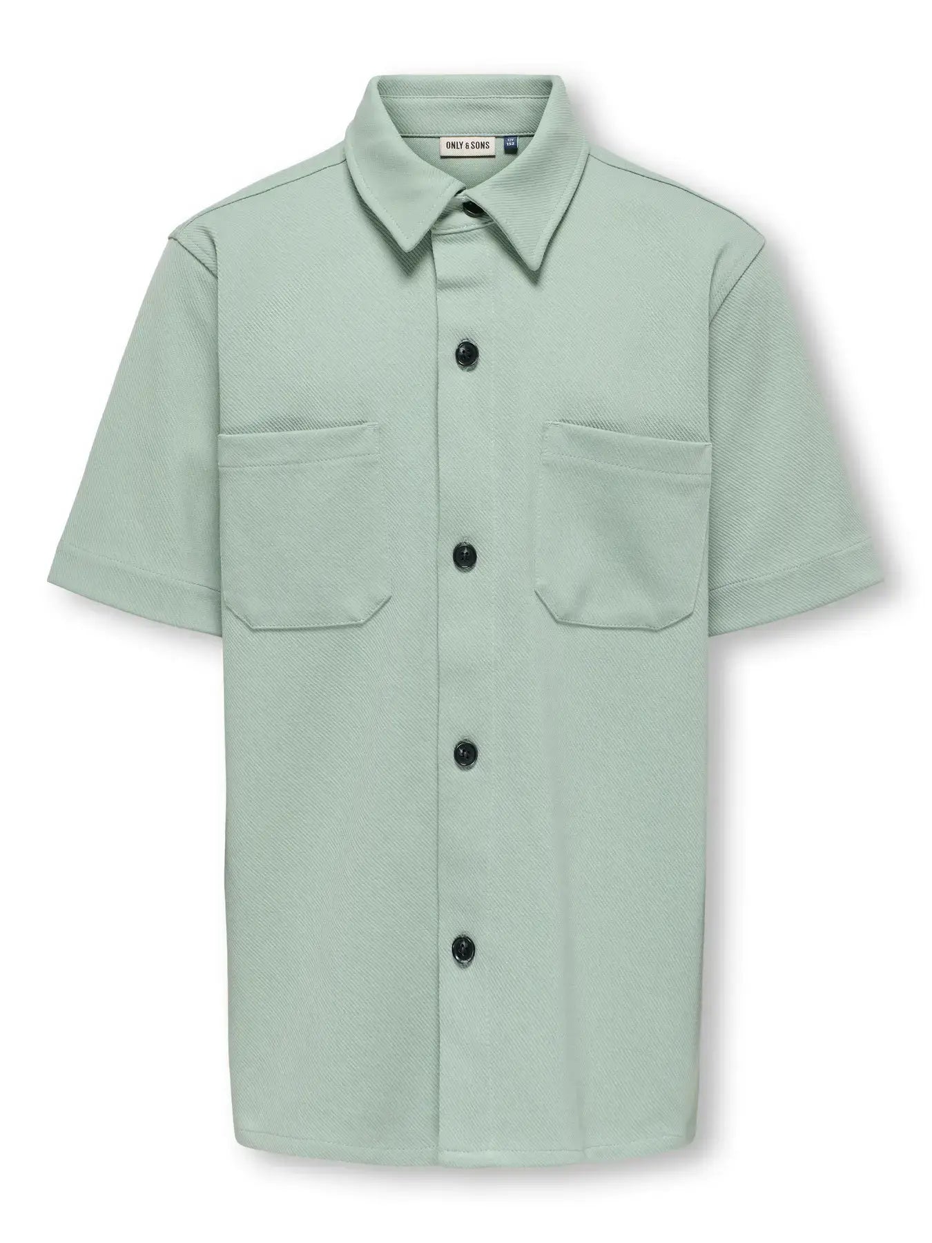 Kids Only & Sons NEWKODYL Blouse in Iceberg Green, short sleeve with button-up design and two front pockets.