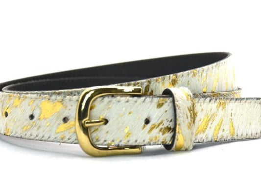 Dames Riem,  Metallic Leder, Koe Wit Goud Print