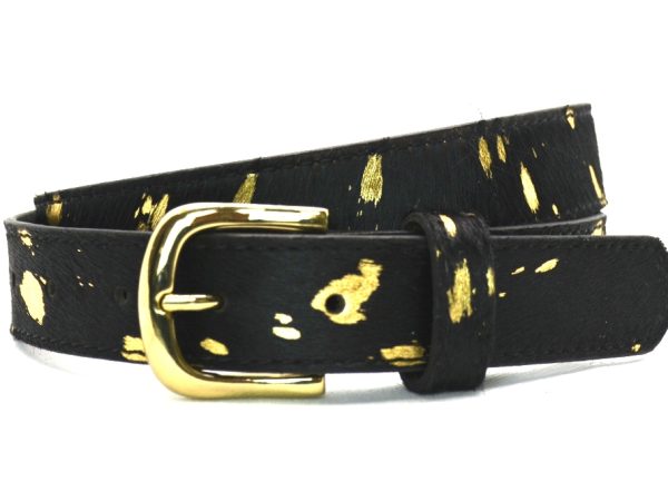 Dames Riem,  Metallic Leder, Koe Zwart Goud Print