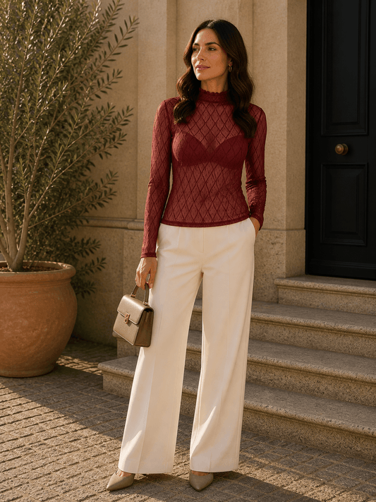Only  Dames  Top SALINA l/s Lace Top Jrs, Cabernet