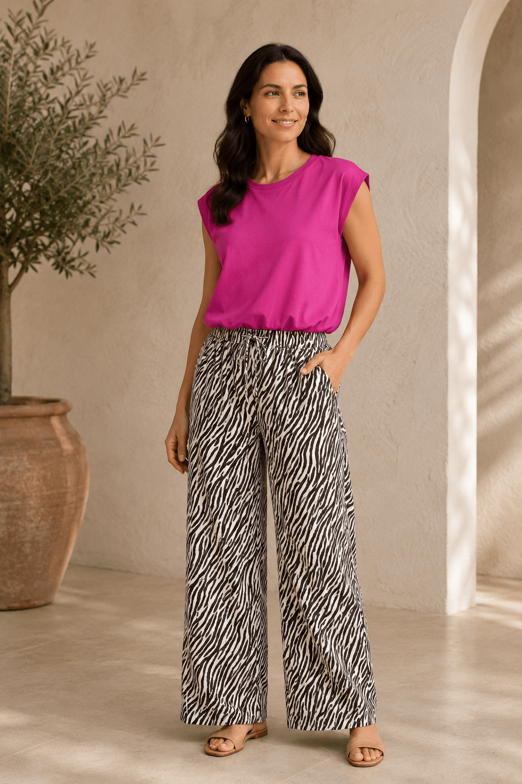 Mouwloos fuchia t-shirt met zebraprint broek en sandals in stijlvol interieur.