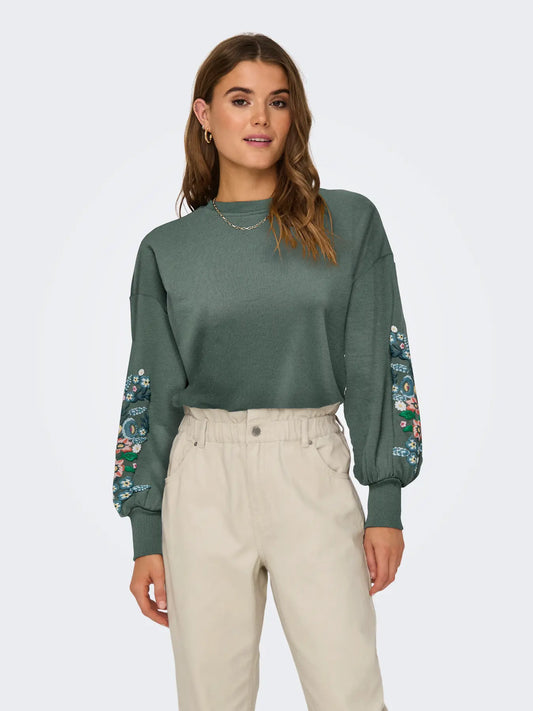 Only Dames Sweater, BROOKE, O neck ,Balsam Green Sleeve multi flowers