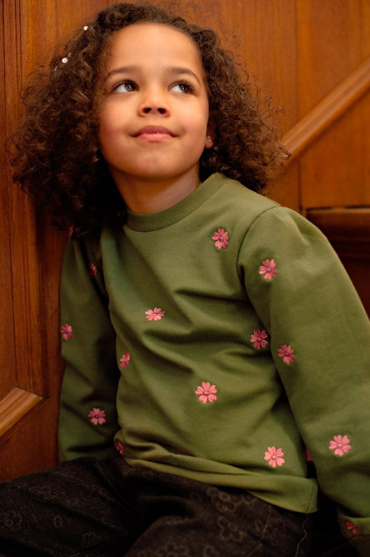 Jubel, Sweater met borduursels - Moon Flowers, Olijf