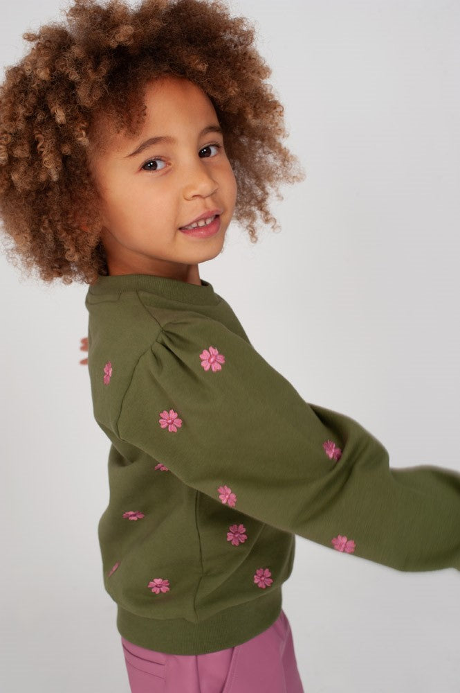 Jubel, Sweater met borduursels - Moon Flowers, Olijf