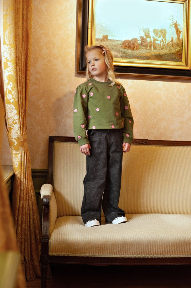 Jubel, Sweater met borduursels - Moon Flowers, Olijf