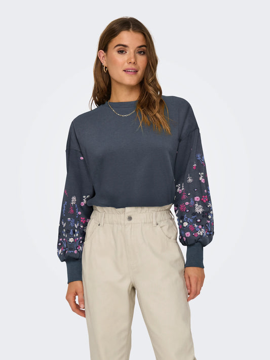 Only Dames Sweater, BROOKE, O neck , Ombre Blue SLEEVE FLOWER PRINT
