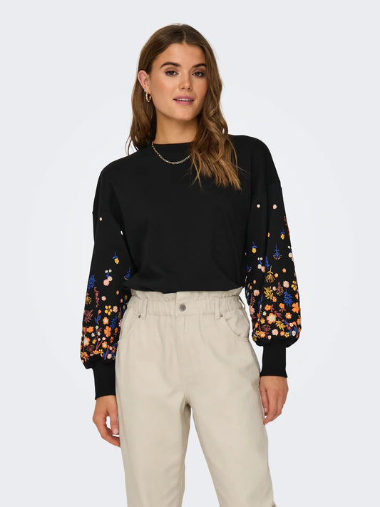Only Dames Sweater, BROOKE, O neck ,Black SLEEVE FLOWER